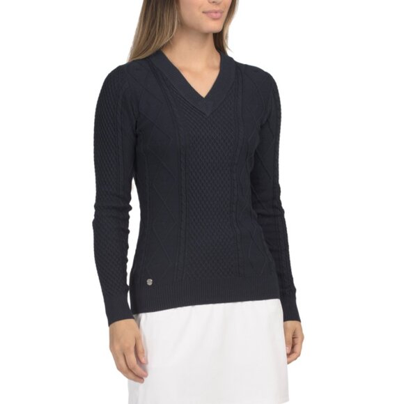 NVO Navy Upf 40 Cable Knit Textured Bala Sweater - Picture 1 of 2